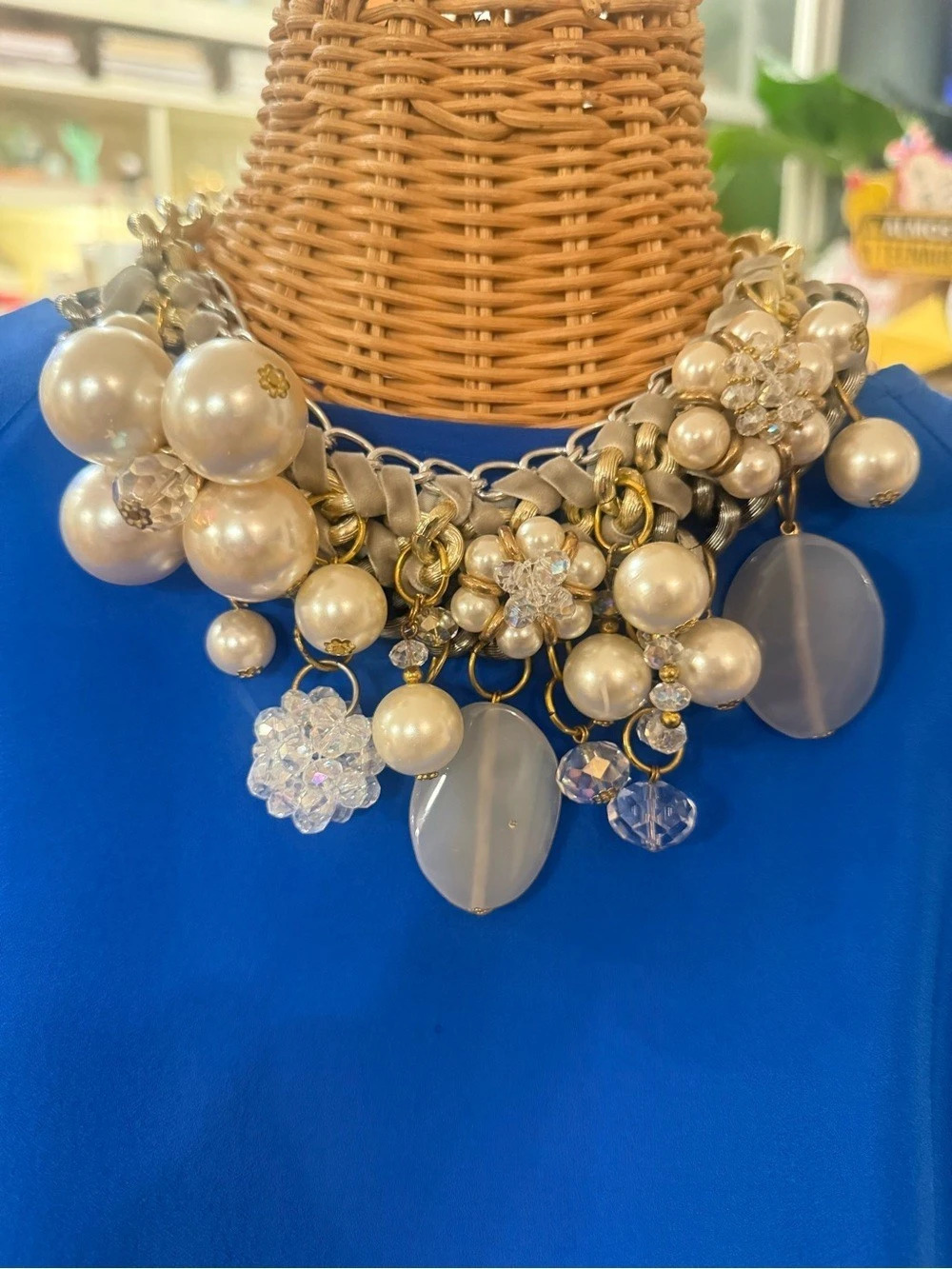 Y2K 2010s Pearl Crystal Statement Bib Necklace Velvet Chain J.Crew Style
